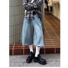 批发美式解构毛边设计感<b class='q'>牛仔</b><b class='q'>短裤</b><b class='q'>男</b>女夏季宽松休闲水洗小众阔腿七分裤