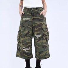 批发情侣夏季男女美式迷彩补丁短裤2026新款潮牌直筒<b class='q'>七分</b>中裤潮流百搭