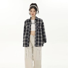 批发春季日系复古格子长袖衬衫男女美式<b class='q'>街头</b>潮牌宽松bf风新款休闲衬衣