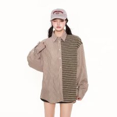 批发春秋季休闲条纹衬衫男女长袖休闲高品质<b class='q'>运动</b>拼接衬衣打底衫外套