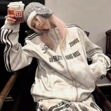 批发美式复古水洗喷脏做旧卫衣男女春秋季街头立领夹克外套视觉系上衣