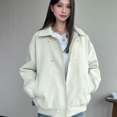批发米白色PU皮铆钉夹克<b class='q'>皮衣</b>外套男女春秋美式机车夹克<b class='q'>皮衣</b>翻领棒球服