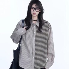 批发春秋季休闲条纹衬衫男女长袖休闲高品质<b class='q'>运动</b>拼接衬衣打底衫外套