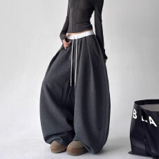 批发美式冬季简约<b class='q'>运动</b>风撞色双腰头抽绳休闲裤男女灰色宽松直筒阔腿裤