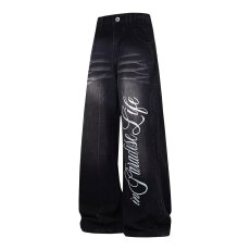 批发新款闪电纹微喇<b class='q'>牛仔裤</b><b class='q'>男</b>女款美式高街vibe裤子<b class='q'>修身</b>显瘦直筒弯刀裤