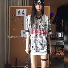 批发2025美式撞色圆领短袖t恤男女插肩字母做旧印花夏季复古上衣ins