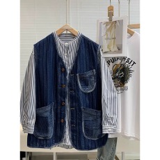 批发大码肌理感大口袋撞色V领休闲牛仔马甲男女夏季日系复古外套潮牌