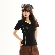 批发美式蓝色v领正肩短袖t恤女夏夏季设计感修身短款<b class='q'>运动</b>球衣半袖上衣