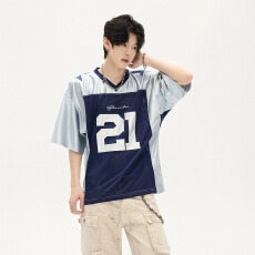 批发美式冰丝V领短袖t恤男女夏季潮牌宽松<b class='q'>运动</b>球衣设计感网眼透气上衣