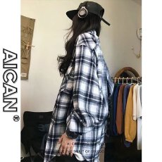 批发美式<b class='q'>街头</b>格子拼接衬衫男女春秋季少年感宽松休闲男友风衬衣外套潮