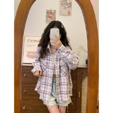 批发刺绣字母格纹口袋衬衫外套女学院风长袖上衣春<b class='q'>秋</b>新款