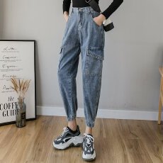 批发<b class='q'>大码</b>工装牛仔裤女2026春夏新款韩版高腰宽松显瘦直筒束脚<b class='q'>哈伦裤</b>潮