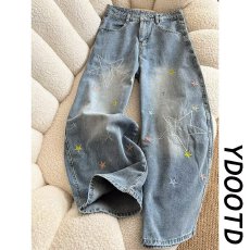 批发美式水洗彩色星星<b class='q'>绣花</b><b class='q'>牛仔裤</b>男女街舞个性设计感宽松百搭阔腿长裤