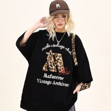 批发美式潮牌<b class='q'>街头</b>复古豹纹毛巾绣短袖男女纯棉260克t恤男字母印花上衣