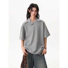 批发高级感解构翻领T恤男女春季美式不规则设计POLO潮牌纯色<b class='q'>情侣</b><b class='q'>短袖</b>