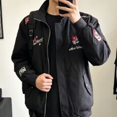 批发黑色美式刺绣<b class='q'>夹克</b><b class='q'>男</b>女2026春季可拆卸连帽座山雕外套潮牌机车服