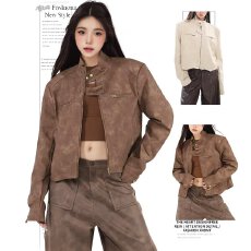 批发美式复古美拉德棕色pu<b class='q'>皮衣</b>夹克外套<b class='q'>女</b>短款2026秋冬新款机车服上衣