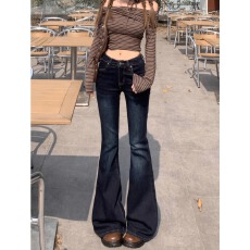 批发复古深蓝微喇<b class='q'>牛仔裤</b>女春秋季小个子巨好看宽松不贴腿拖地<b class='q'>喇叭</b>长裤