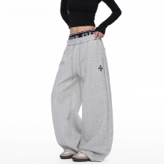 批发哥特风字母印花双腰头卫裤男女潮牌十字架阔腿裤宽松爵士舞<b class='q'>裤子</b>女