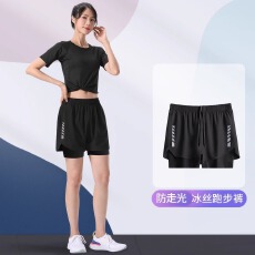 批发<b class='q'>大码</b>运动白茶玫瑰跑步短裤男女防走光速干假两件内衬夏季瑜伽