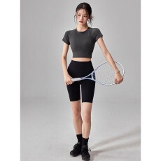 批发180克75D高弹超细绒速干白茶玫瑰瑜伽服短袖女<b class='q'>修身</b>短款运动上衣