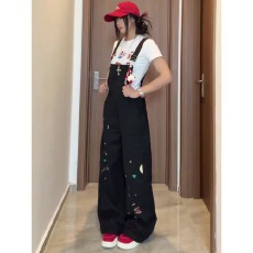 批发重工童趣刺绣黑色<b class='q'>背带裤</b><b class='q'>女</b>夏新款宽松百搭阔腿连体<b class='q'>裤</b>