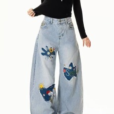 批发美式复古重工花卉刺绣<b class='q'>牛仔裤</b>男女同款春秋新款宽松休闲阔腿长裤潮