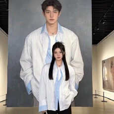 批发美式复古条纹拼接假两件衬衫男女度假穿搭宽松学院风防晒衬衣外套