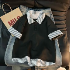 批发夏季新款美式复古条纹假两件短袖POLO衫男女潮牌宽松百搭情侣体恤