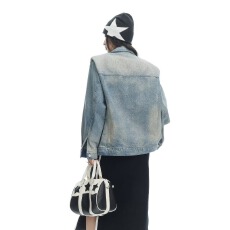 批发对图垫肩效果重工国潮水洗牛仔夹克外<b class='q'>套男</b>女春秋新款高级感上衣