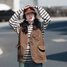 批发新款日系复古咖色马甲男女同款中性风外穿马夹外套叠穿坎肩