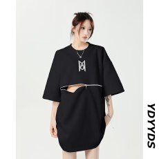 批发印花垫肩 拉链金属拼接夏季揭潮坊短<b class='q'>袖</b>女T恤拉链宽松五分<b class='q'>袖</b><b class='q'>上衣</b>