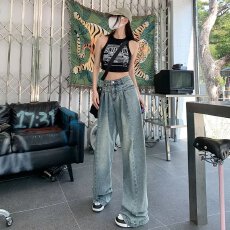 批发长裤女蚂蚁流行<b class='q'>潮流</b>阔脚裤简约牛仔裤百搭自然腰日系<b class='q'>时尚</b>新款夏季