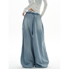 批发潮流美式复古抽绳<b class='q'>牛仔裤</b>男女松紧腰宽松跳舞休闲裤子水洗浅色长裤