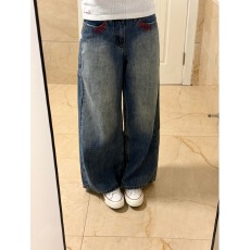 批发式复古刺绣<b class='q'>钉珠</b>水洗做旧<b class='q'>牛仔裤</b>女春秋宽松显瘦阔腿直筒拖地长裤