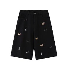 批发大码小狗刺绣牛仔裤女夏季新款梨型身材<b class='q'>胖</b>mm<b class='q'>短裤</b>显瘦阔腿七分裤子