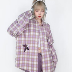 批发涤棉星星破洞<b class='q'>情侣</b><b class='q'>黑衣</b>春秋复古高街宽松不规则拼接格子长袖<b class='q'>衬衫</b>