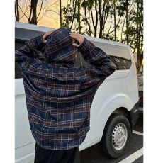 批发复古格子纹连帽<b class='q'>衬衫</b>外套男女春秋季潮流宽松休闲长袖<b class='q'>衬衣</b>上衣