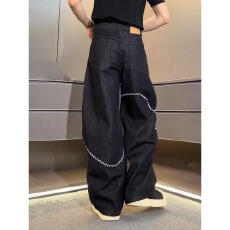 批发小众设计弧线刺绣黑色弯刀<b class='q'>牛仔裤</b>男女bf阔腿复古微喇显瘦拖地裤子