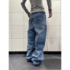 批发美式水洗巴黎扣设计竹节纹<b class='q'>牛仔裤</b>男女宽松直筒百搭休闲长裤