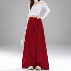 批发中国红窄版阔腿裤<b class='q'>女</b>夏季高腰复古垂感直筒休闲裤高级感系带<b class='q'>西装</b>裤