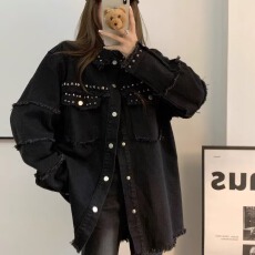批发春秋金属朋克设计感牛仔外套男<b class='q'>女</b>国潮牌高街毛边黑色宽松<b class='q'>夹克</b>情侣