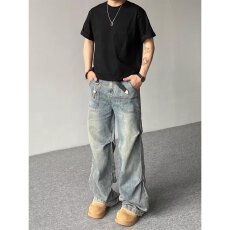 批发2025美式复古水洗弯刀baggy牛仔裤<b class='q'>男</b>女宽松前口袋设计<b class='q'>休闲裤</b>潮