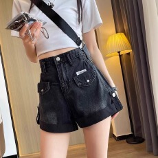 批发牛仔短裤女夏季新款ch风黑色水洗工装口袋<b class='q'>高腰</b>韩版宽松辣妹<b class='q'>热裤</b>