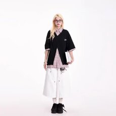 批发2026夏季学院风假两件拼接格子<b class='q'>男</b>女休闲时尚百搭情侣短袖<b class='q'>polo</b><b class='q'>衫</b>