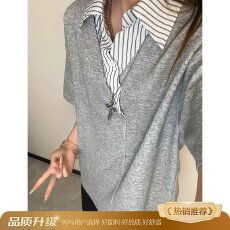 批发条纹集优拼接衬衫领假两件<b class='q'>T</b><b class='q'>恤</b>女男<b class='q'>潮牌</b>宽松春夏短袖上衣情侣港风