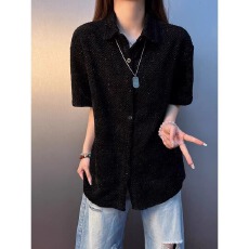 批发原版银丝雪尼尔翻领神秘短袖衬衫女<b class='q'>男</b>夏季开衫衬衣慵懒风五分袖