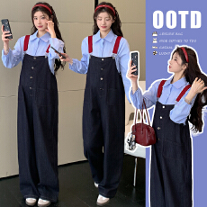 批发现现实拍爆款2026年<b class='q'>秋</b>冬新款复古背带裤孕妇阔腿牛仔裤+衬衫上衣