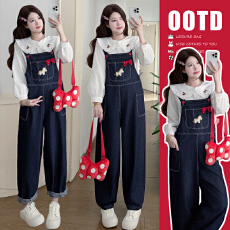 批发现现实拍2026春<b class='q'>秋</b>新款刺绣卡通孕妇可爱牛仔背带裤+娃娃领上衣