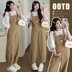 批发现现实拍2026春<b class='q'>秋</b>新款阔腿宽松孕妇休闲小猫背带裤+七分袖上衣